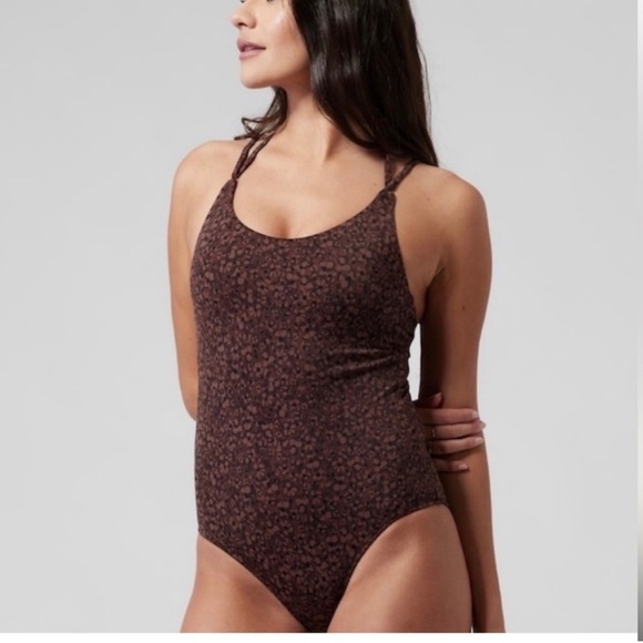 Athleta Animal Print Chocolate Brown One Piece Keyhole Swimsuit Floral Large - Picture 1 of 8